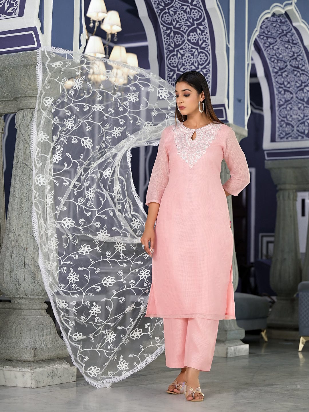 Varanga Women Pink Kota Check Thread Embroidered Kurta With Tonal Solid  Bottom And  Net Self Embroidered Dupatta
