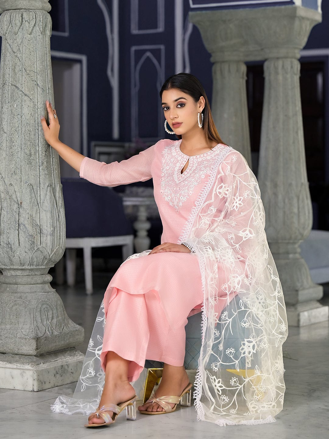 Varanga Women Pink Kota Check Thread Embroidered Kurta With Tonal Solid  Bottom And  Net Self Embroidered Dupatta