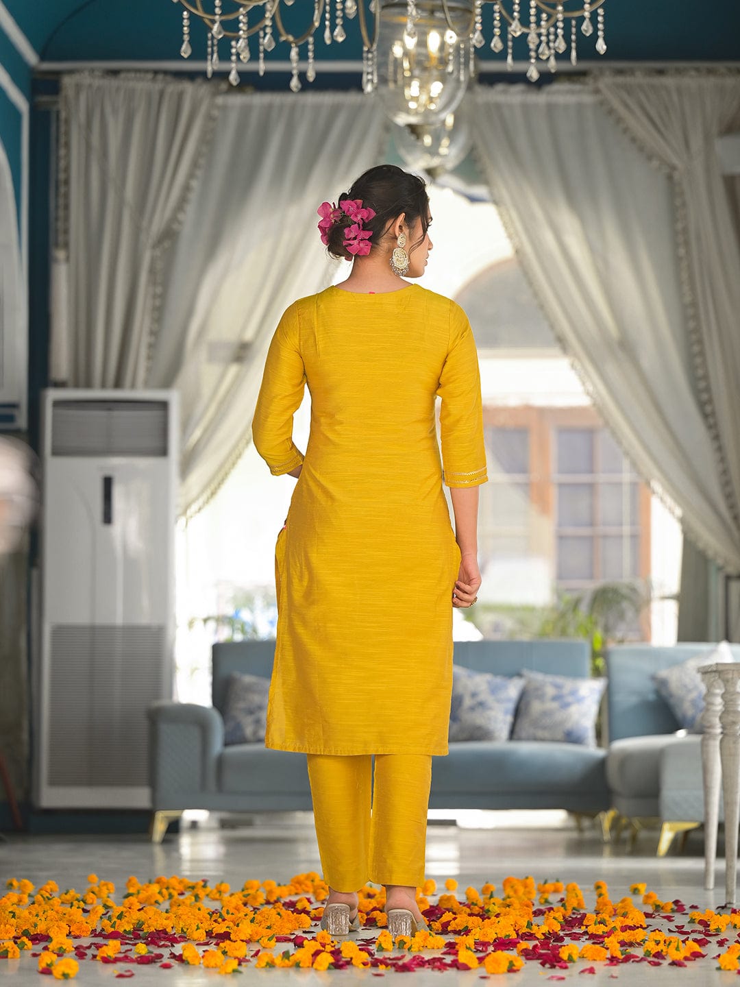 Varanga yellow yoke embroidered kurta paired with tonal bottom and lehariya dupatta