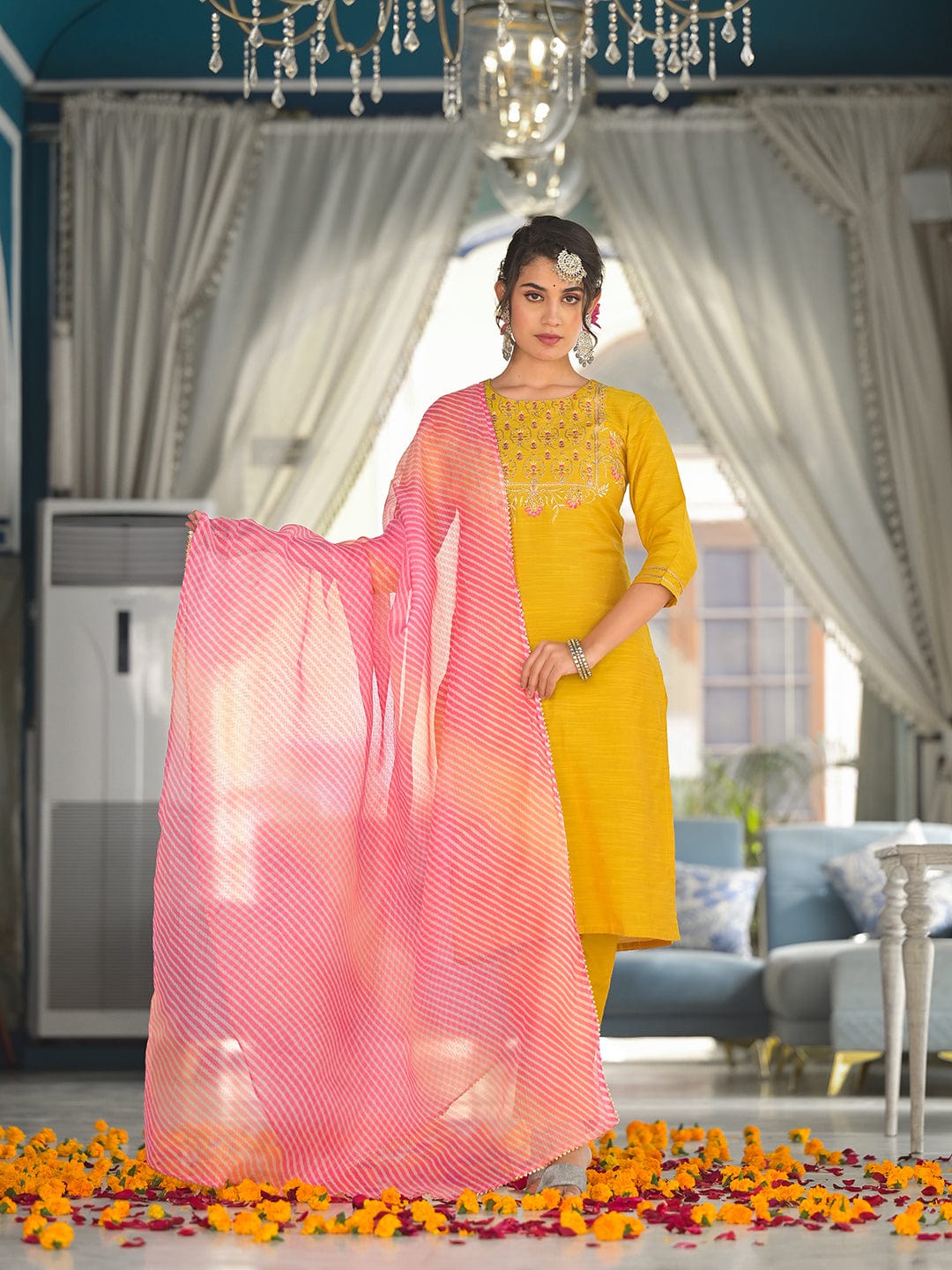 Varanga yellow yoke embroidered kurta paired with tonal bottom and lehariya dupatta