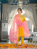 Varanga yellow yoke embroidered kurta paired with tonal bottom and lehariya dupatta