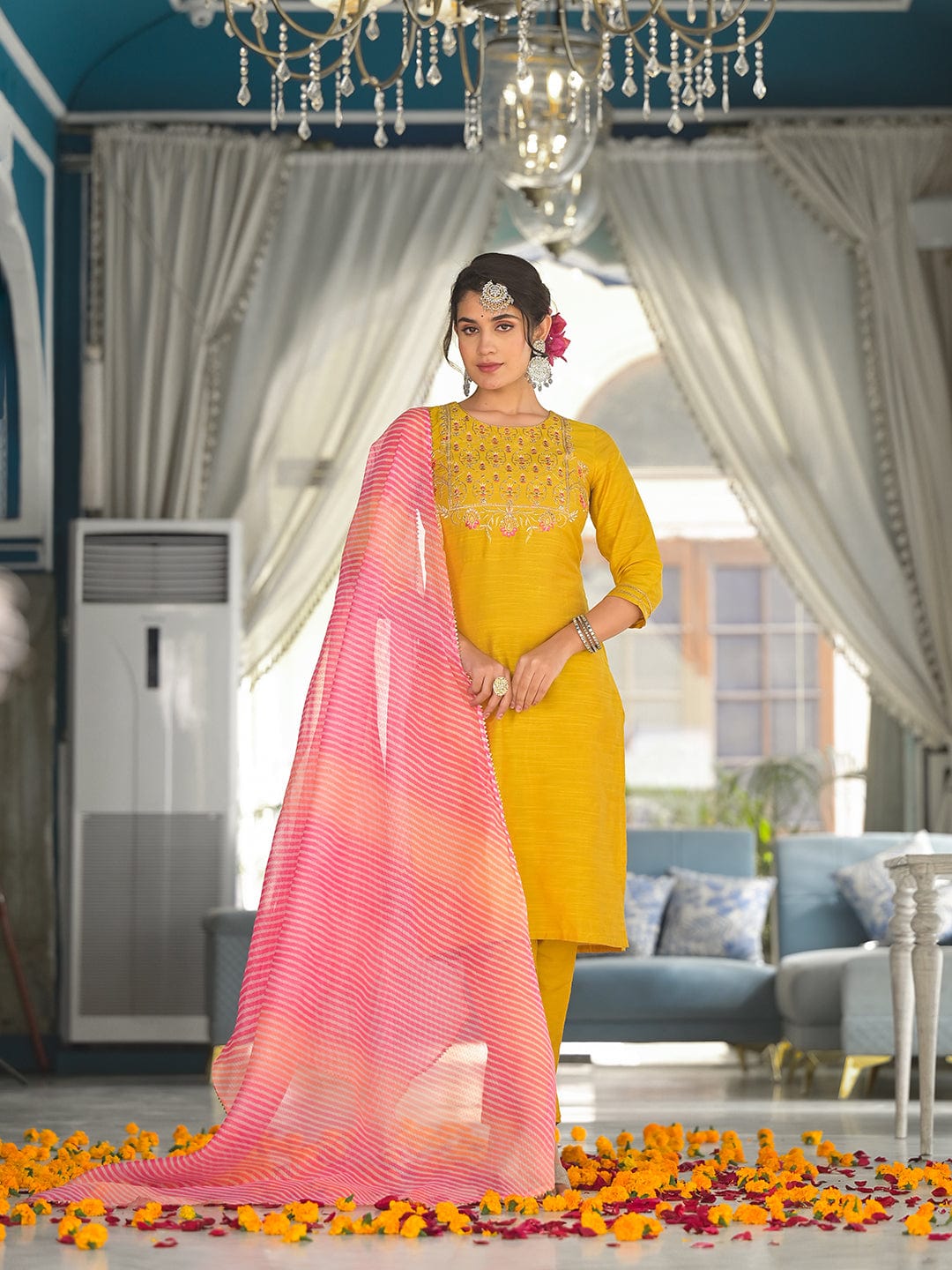 Varanga yellow yoke embroidered kurta paired with tonal bottom and lehariya dupatta