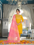Varanga yellow yoke embroidered kurta paired with tonal bottom and lehariya dupatta