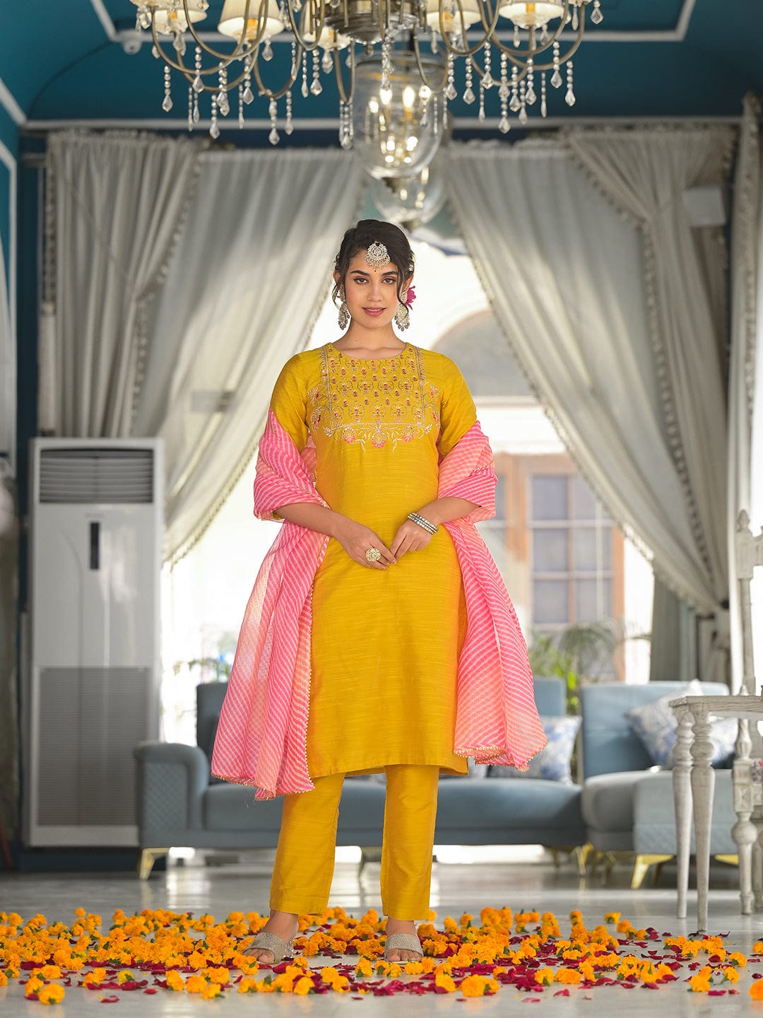Varanga yellow yoke embroidered kurta paired with tonal bottom and lehariya dupatta