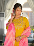 Varanga yellow yoke embroidered kurta paired with tonal bottom and lehariya dupatta