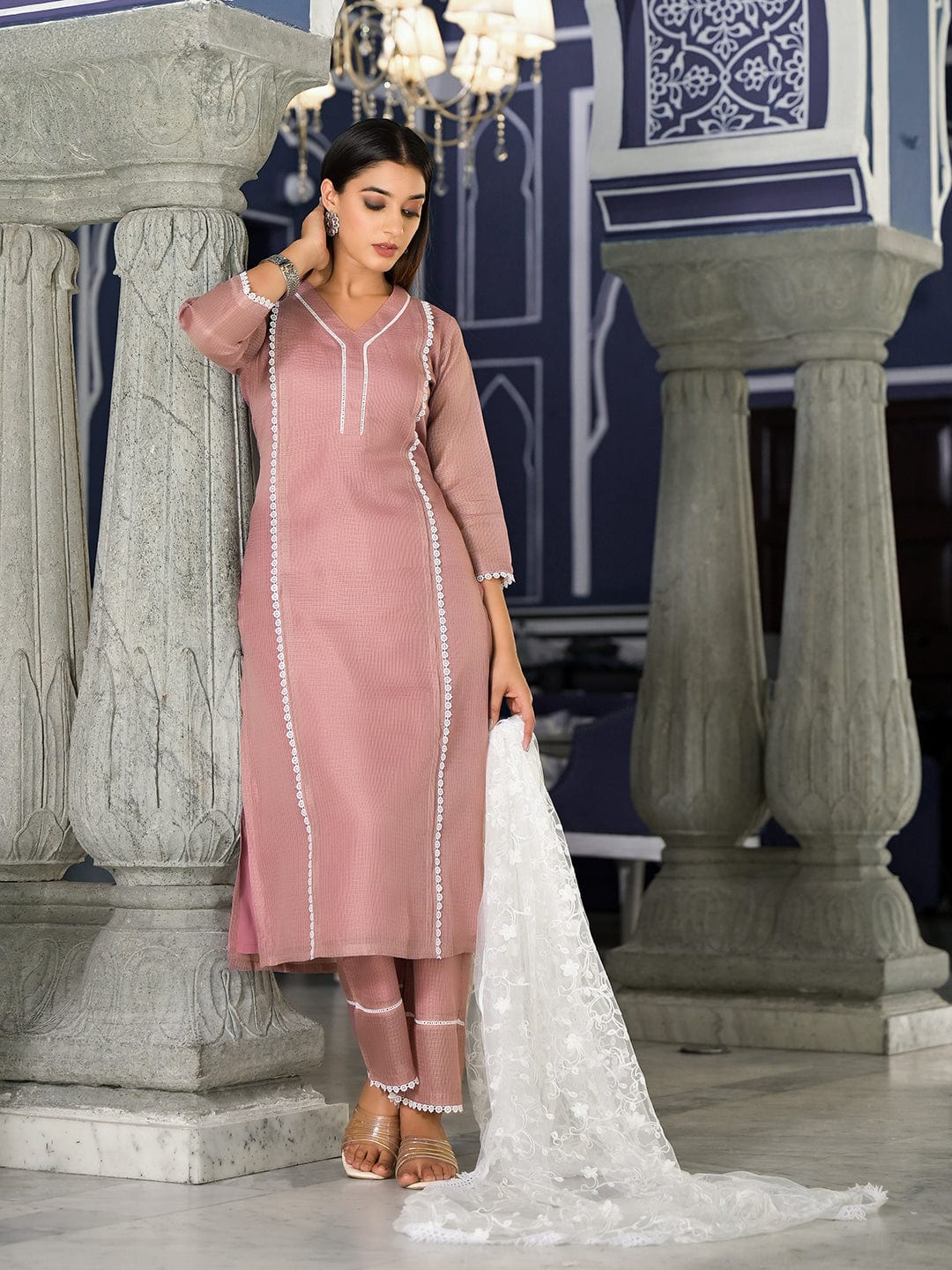 Varanga Women Mauve Kota Check Cotton Lace Kurta With Bottom And Dupatta