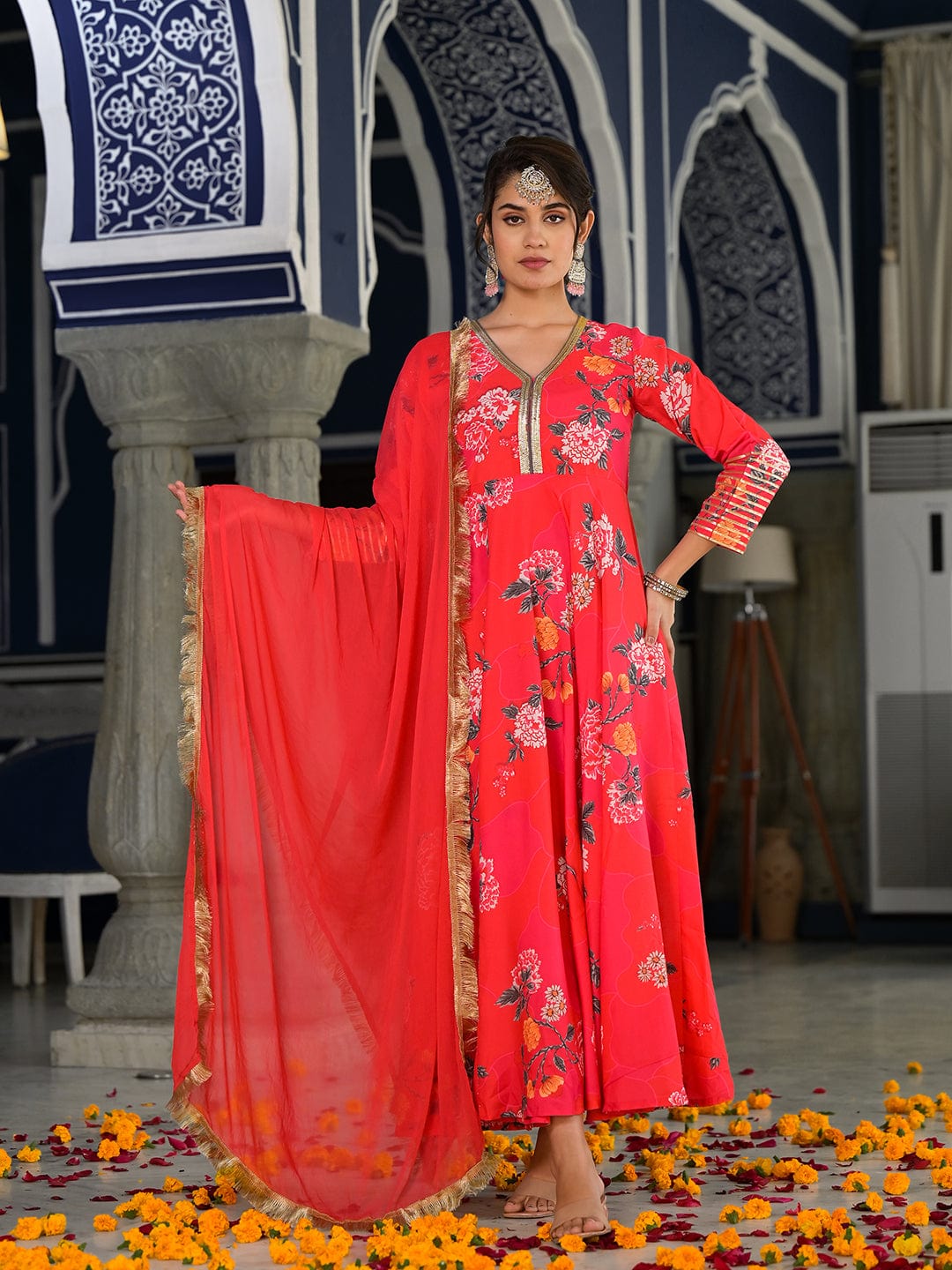 Varanga Pink Floral Printed V Neck Anarkali Kurta Paired With Tonal Chiffon Dupatta With Fringes