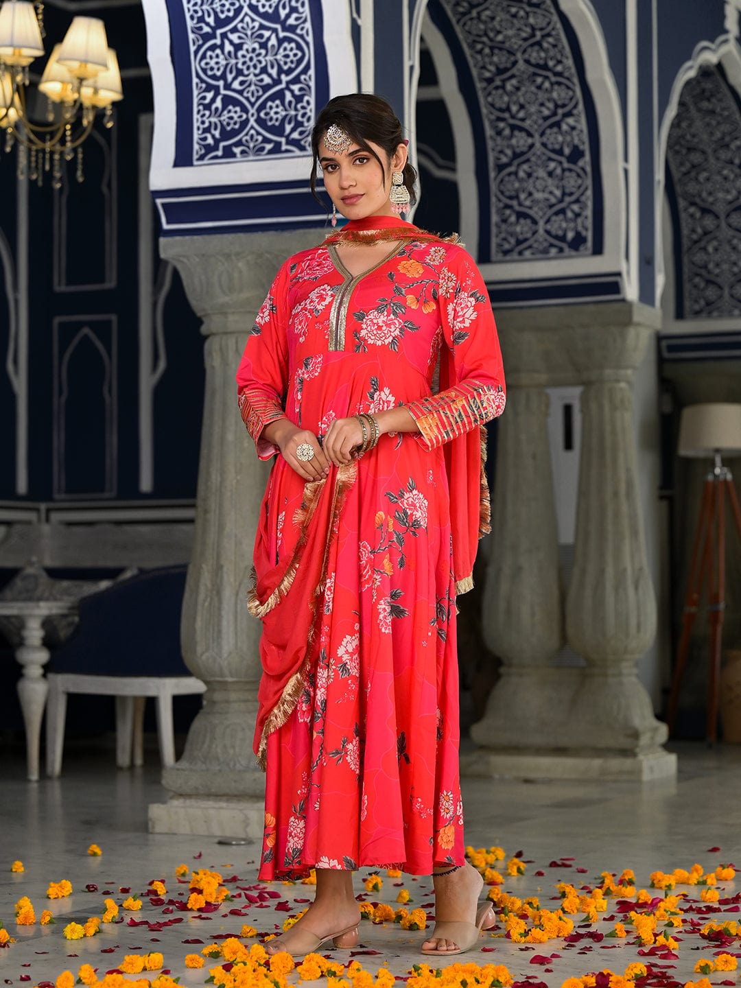 Varanga Pink Floral Printed V Neck Anarkali Kurta Paired With Tonal Chiffon Dupatta With Fringes