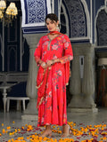 Varanga Pink Floral Printed V Neck Anarkali Kurta Paired With Tonal Chiffon Dupatta With Fringes