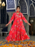 Varanga Pink Floral Printed V Neck Anarkali Kurta Paired With Tonal Chiffon Dupatta With Fringes