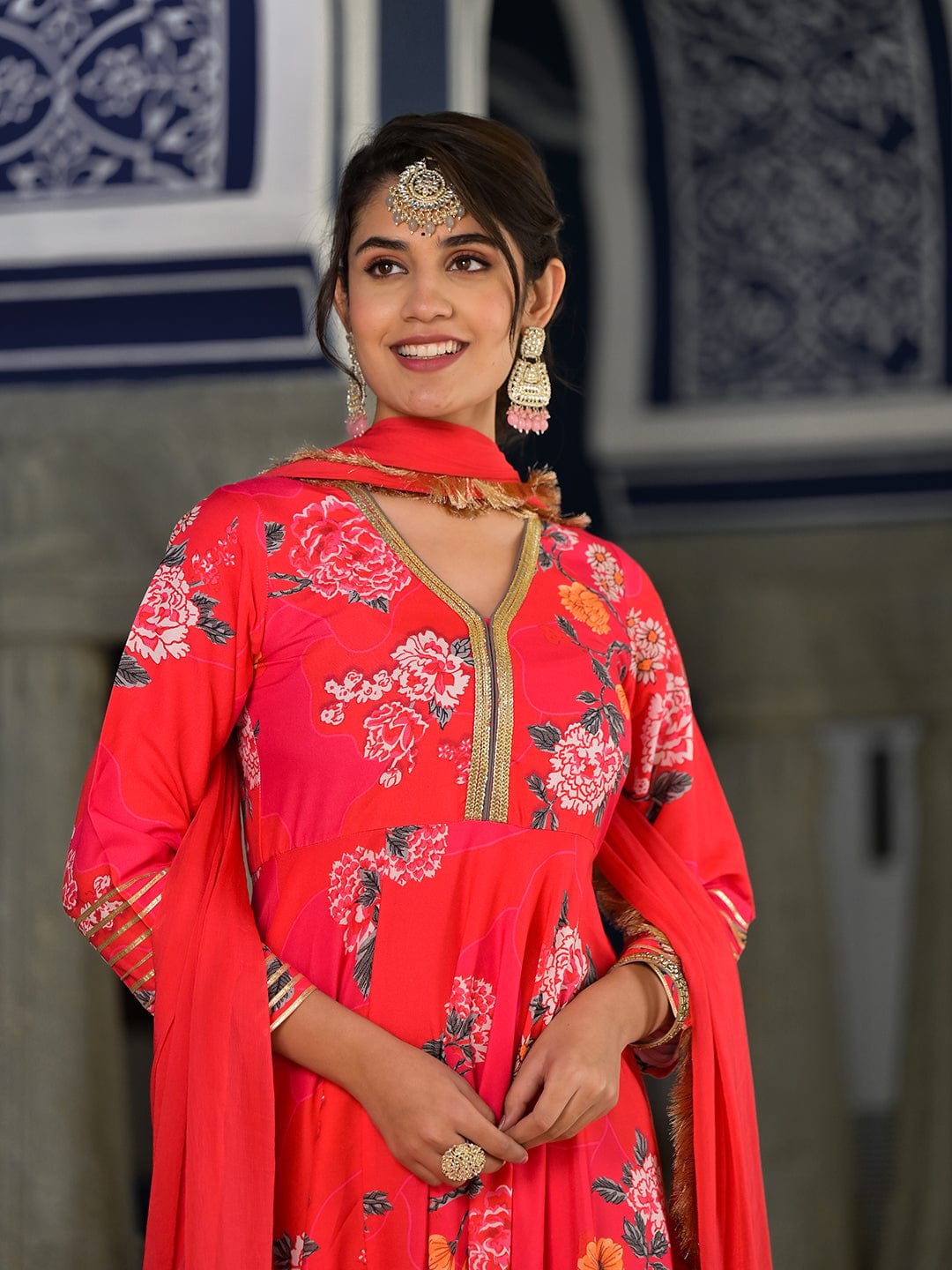 Varanga Pink Floral Printed V Neck Anarkali Kurta Paired With Tonal Chiffon Dupatta With Fringes