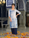 Varanga straight kurta with round neck paired with blue solid palazzo and blue solid dupatta.