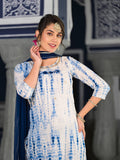 Varanga straight kurta with round neck paired with blue solid palazzo and blue solid dupatta.