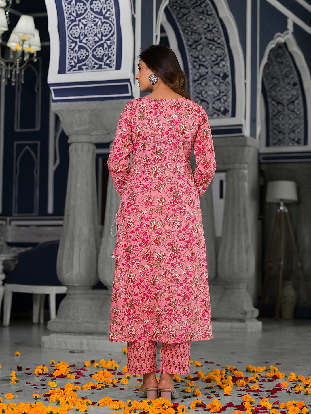 Varanga Pink floral printed a-line kurta with side slits paired with tonal bottom and dupatta