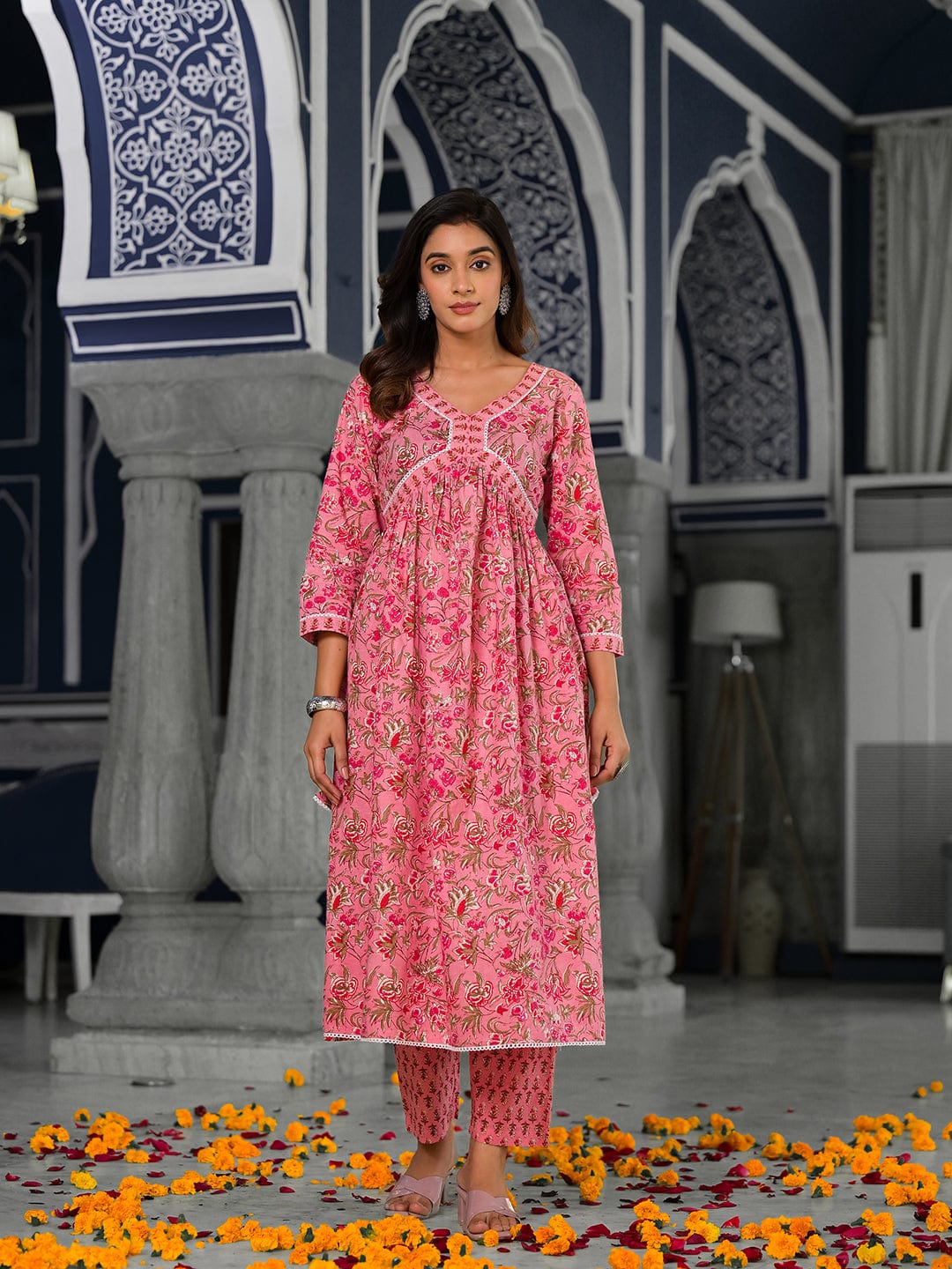 Varanga Pink floral printed a-line kurta with side slits paired with tonal bottom and dupatta
