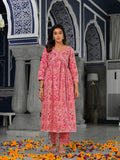Varanga Pink floral printed a-line kurta with side slits paired with tonal bottom and dupatta