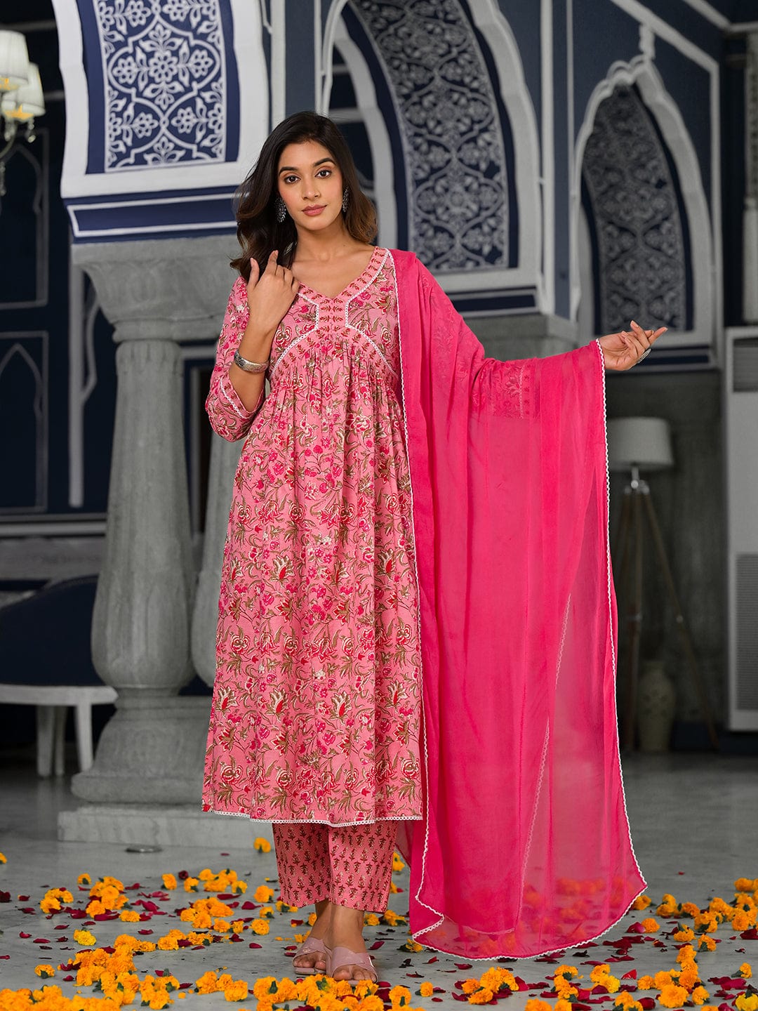 Varanga Pink floral printed a-line kurta with side slits paired with tonal bottom and dupatta