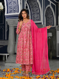 Varanga Pink floral printed a-line kurta with side slits paired with tonal bottom and dupatta