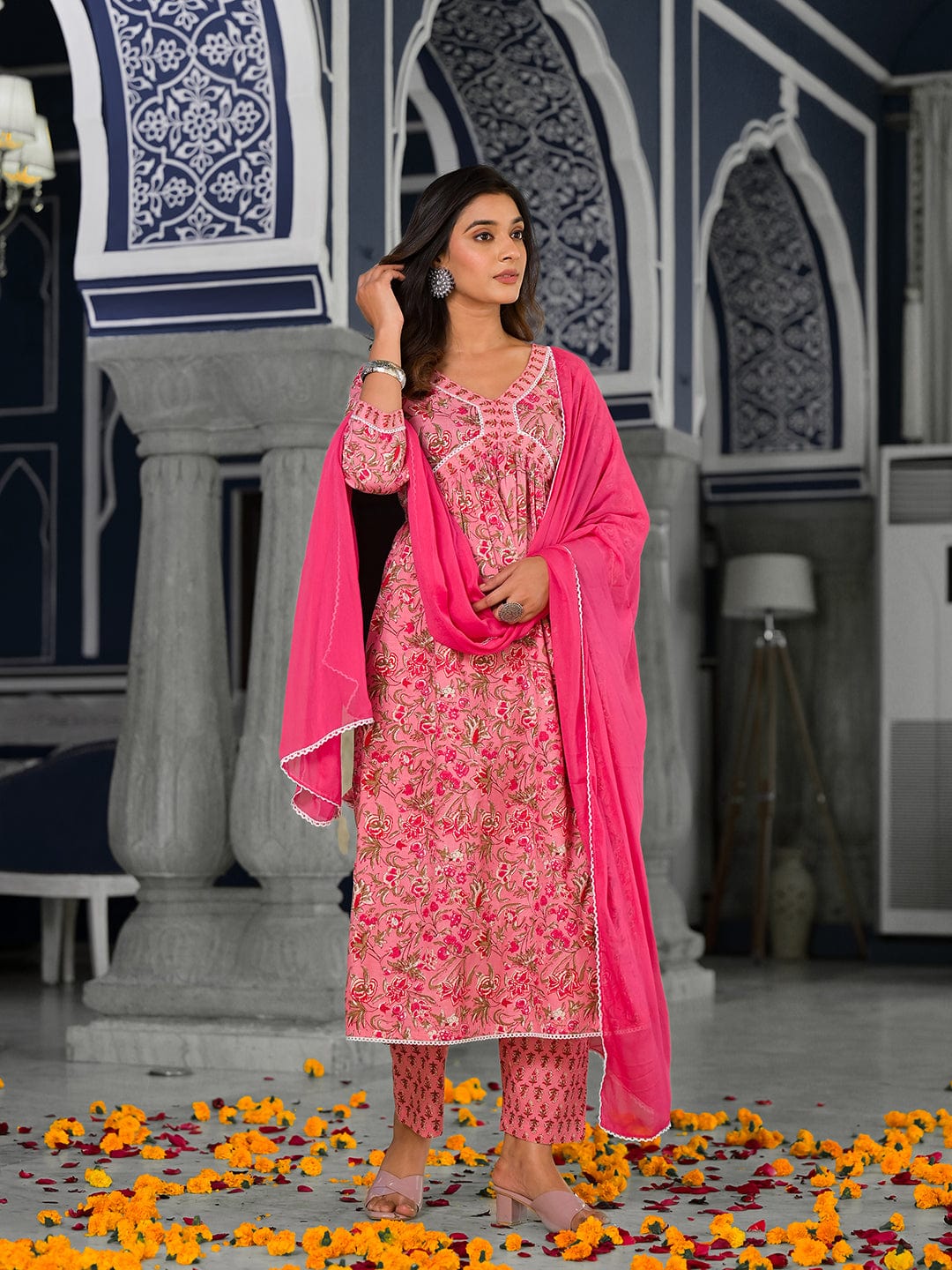 Varanga Pink floral printed a-line kurta with side slits paired with tonal bottom and dupatta