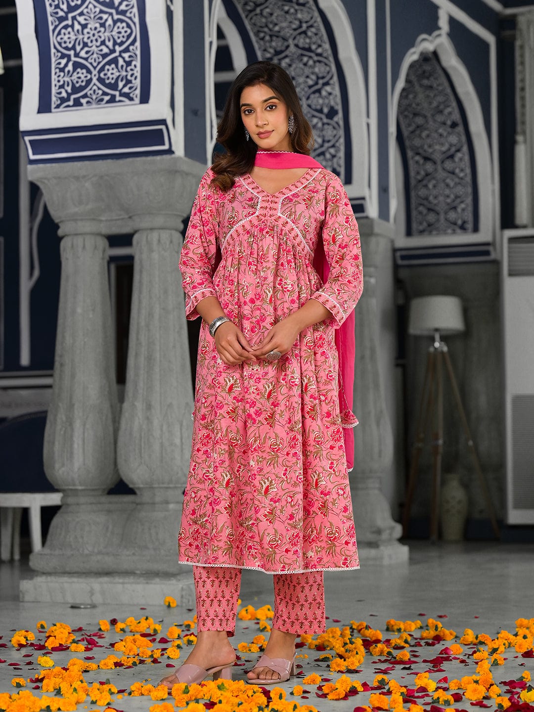 Varanga Pink floral printed a-line kurta with side slits paired with tonal bottom and dupatta
