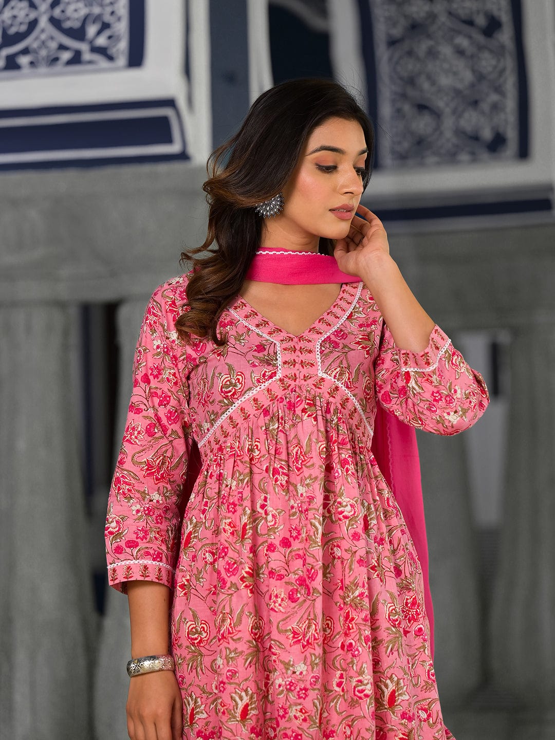 Varanga Pink floral printed a-line kurta with side slits paired with tonal bottom and dupatta