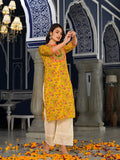 Varanga Yellow And Peach Straight Floral Printed Kurta  With Round Neck And Having Gota Work On Yoke