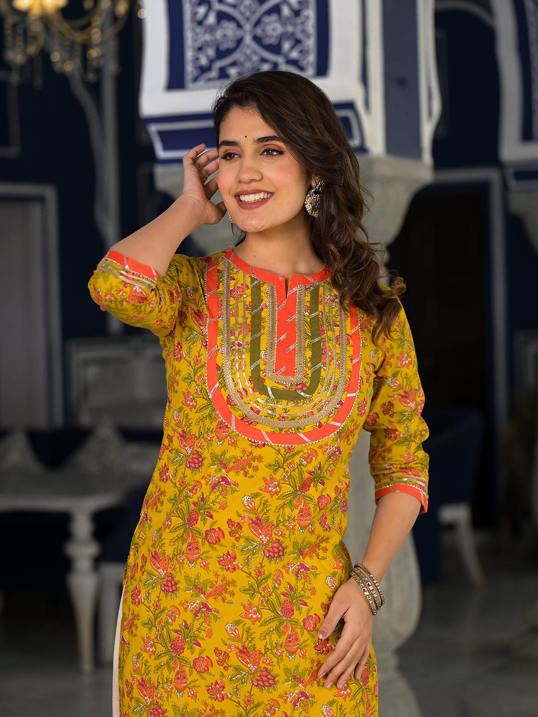 Varanga Yellow And Peach Straight Floral Printed Kurta  With Round Neck And Having Gota Work On Yoke