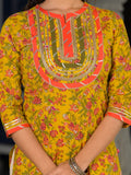 Varanga Yellow And Peach Straight Floral Printed Kurta  With Round Neck And Having Gota Work On Yoke