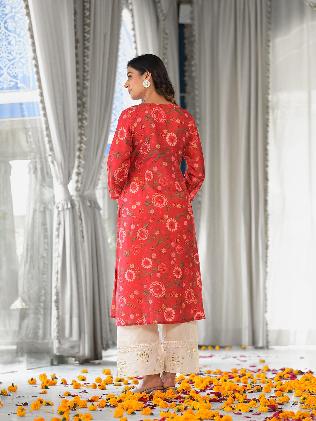 Varanga Women Red Floral Printed Sequin Embellished  A-Line Kurta With Three Quater Sleeves