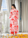 Varanga Women Peach Floral Printed V-Neck Straight Kurta With Tessels Hem Paired With Tonal Solid Bottom