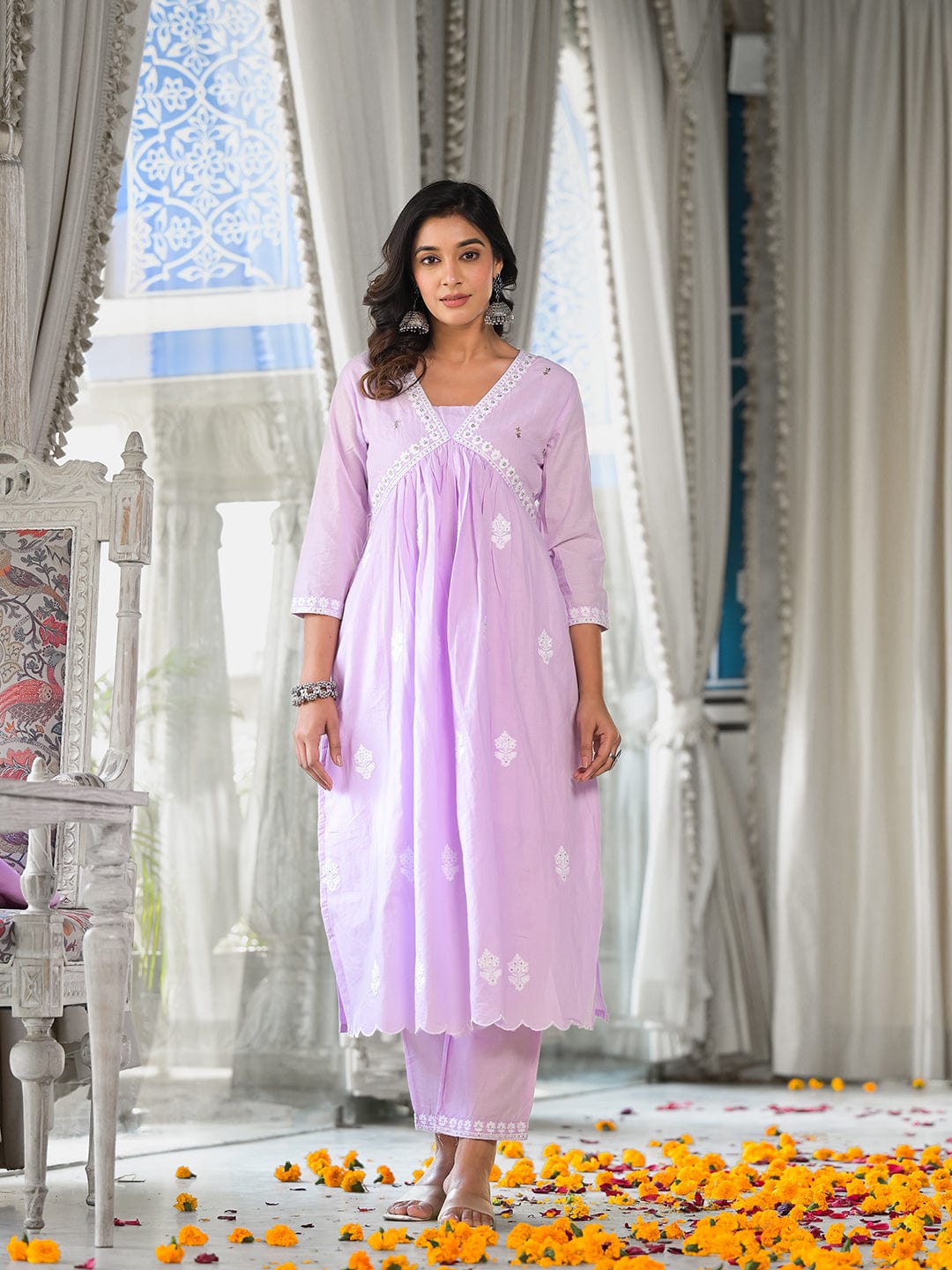 Varanga Women Lavender Embroidered A-Line Empire Kurta Paired With Tonal Bottom And Tonal Embroidered Dupatta
