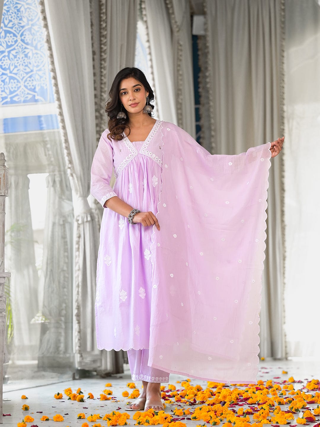 Varanga Women Lavender Embroidered A-Line Empire Kurta Paired With Tonal Bottom And Tonal Embroidered Dupatta