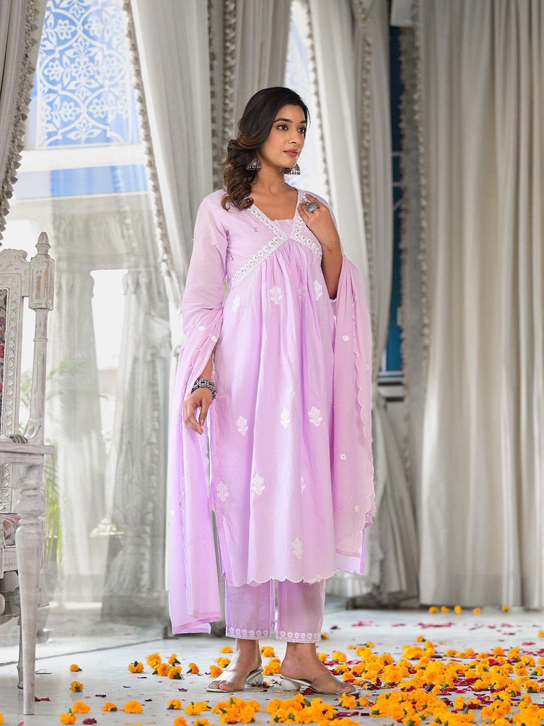 Varanga Women Lavender Embroidered A-Line Empire Kurta Paired With Tonal Bottom And Tonal Embroidered Dupatta