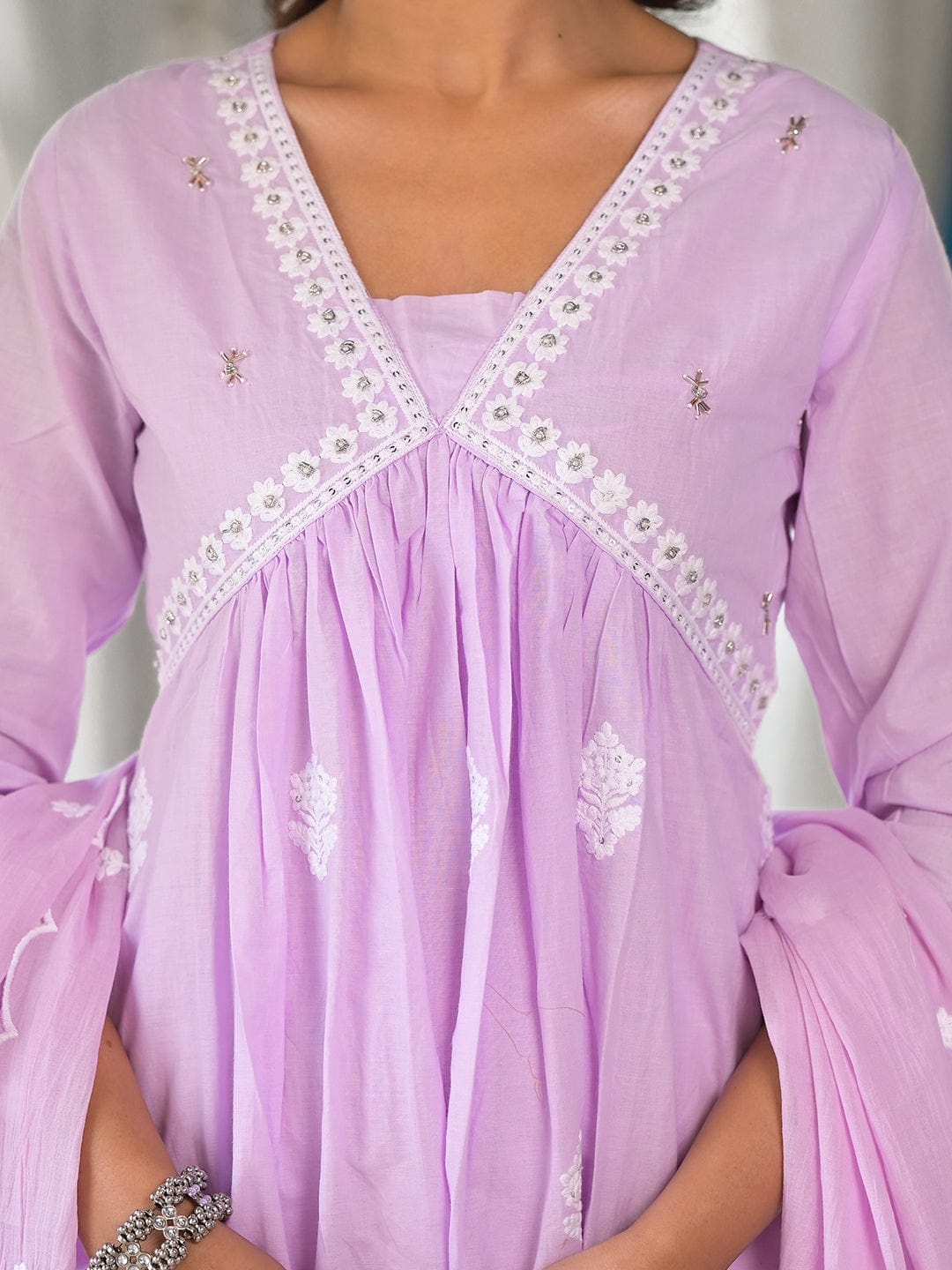 Varanga Women Lavender Embroidered A-Line Empire Kurta Paired With Tonal Bottom And Tonal Embroidered Dupatta