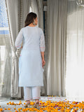 Varanga Women Blue Sequin And Thread Embroidered A-Line Kurta Paired With Tonal Bottom And Tonal Embroidered Dupatta