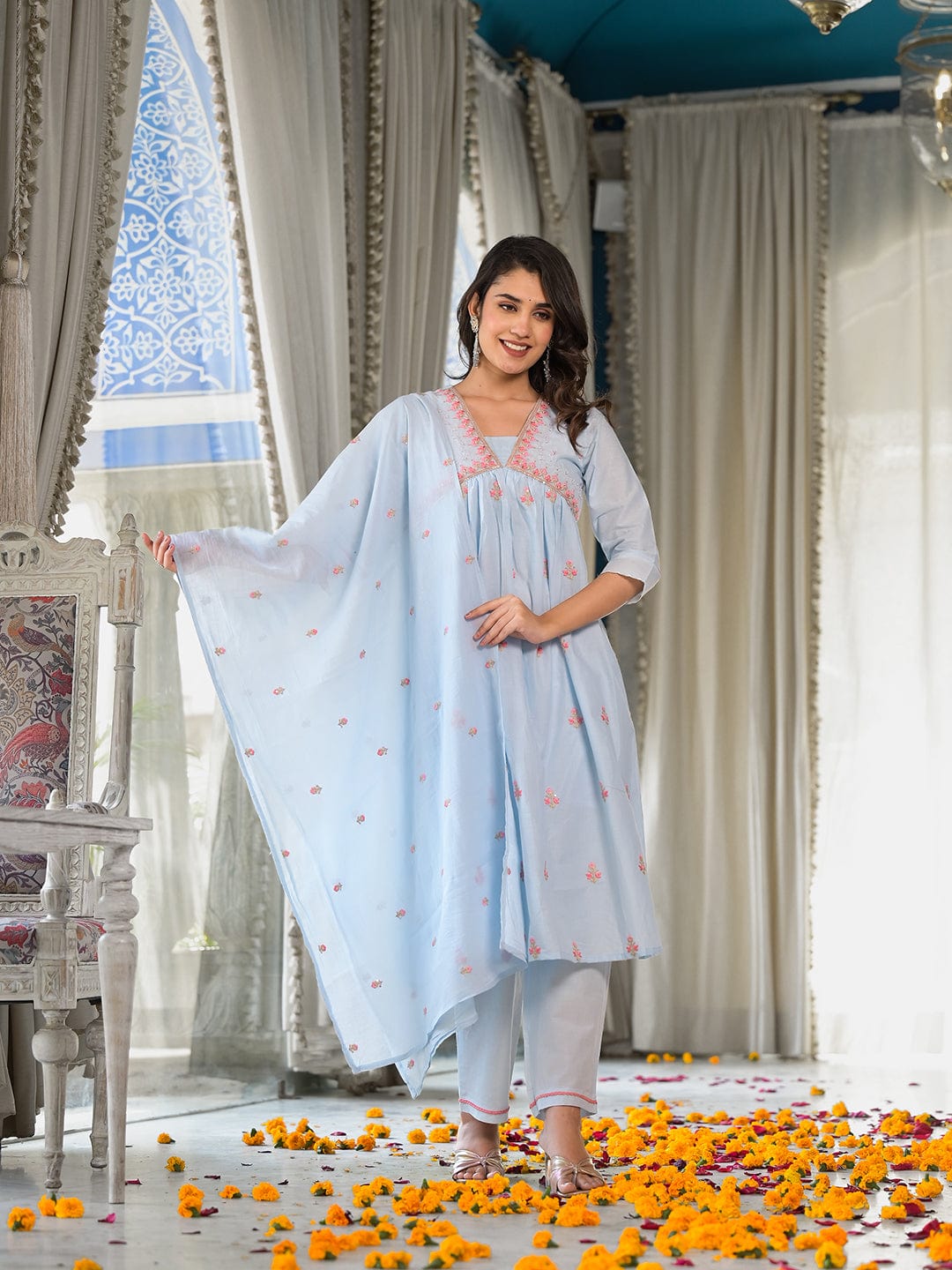 Varanga Women Blue Sequin And Thread Embroidered A-Line Kurta Paired With Tonal Bottom And Tonal Embroidered Dupatta