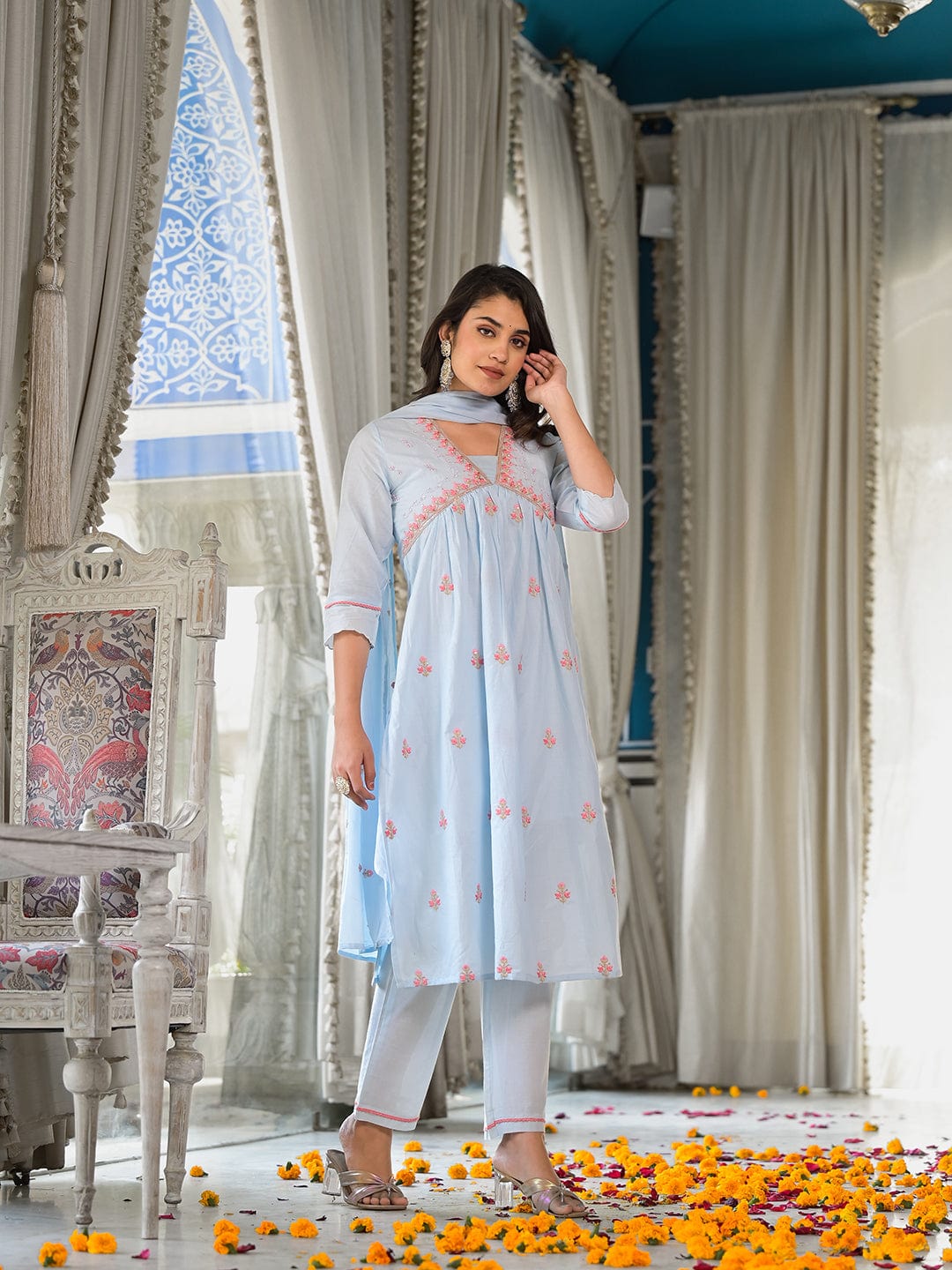 Varanga Women Blue Sequin And Thread Embroidered A-Line Kurta Paired With Tonal Bottom And Tonal Embroidered Dupatta