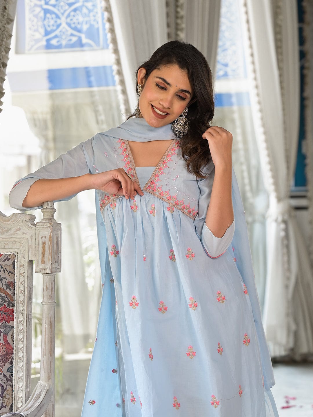 Varanga Women Blue Sequin And Thread Embroidered A-Line Kurta Paired With Tonal Bottom And Tonal Embroidered Dupatta