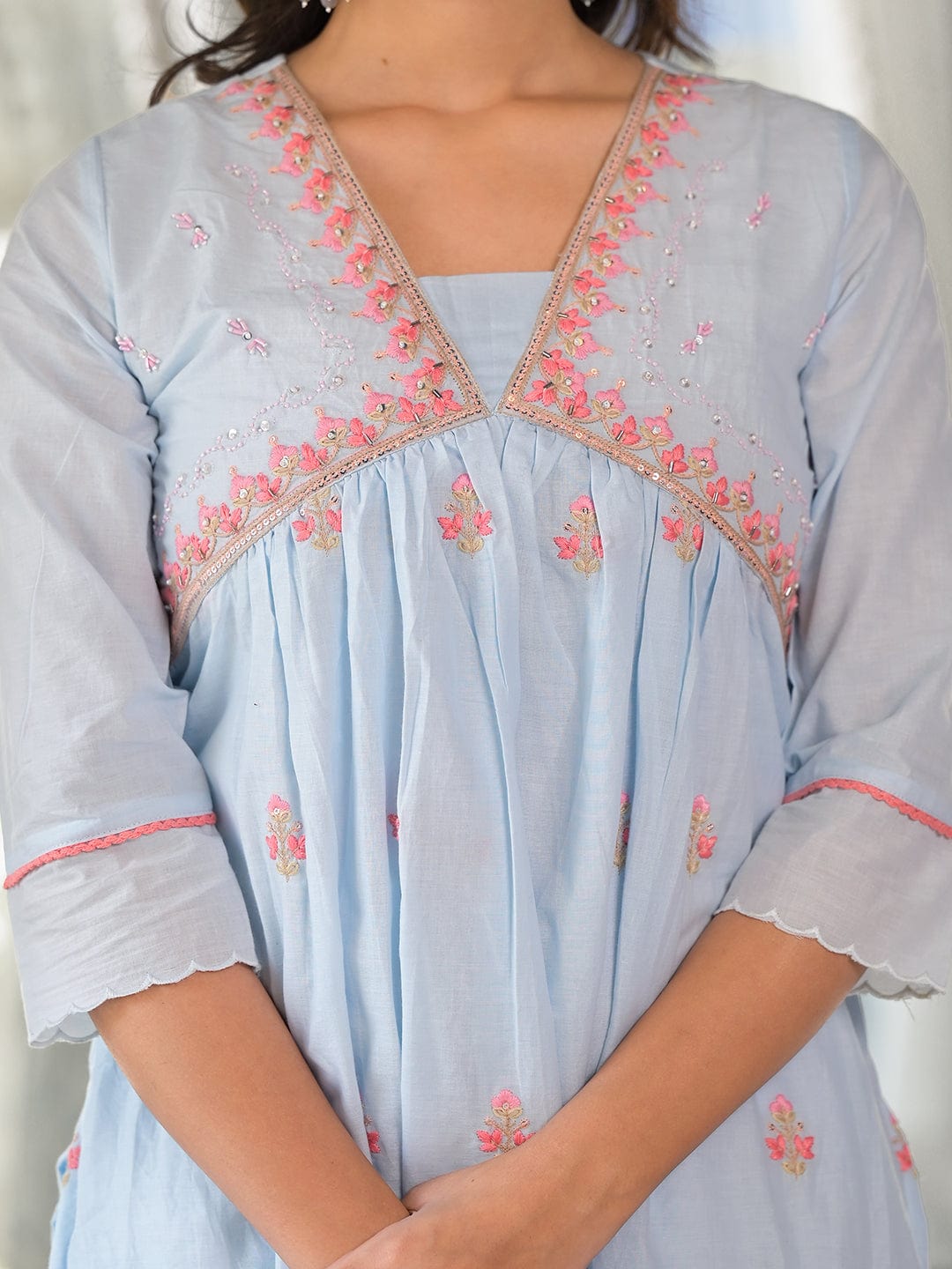 Varanga Women Blue Sequin And Thread Embroidered A-Line Kurta Paired With Tonal Bottom And Tonal Embroidered Dupatta