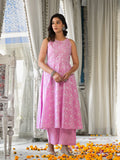 Varanga Women Lavender And White Floral Printed Anarkali Kurta Paired With Tonal Bottom