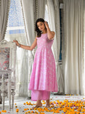 Varanga Women Lavender And White Floral Printed Anarkali Kurta Paired With Tonal Bottom