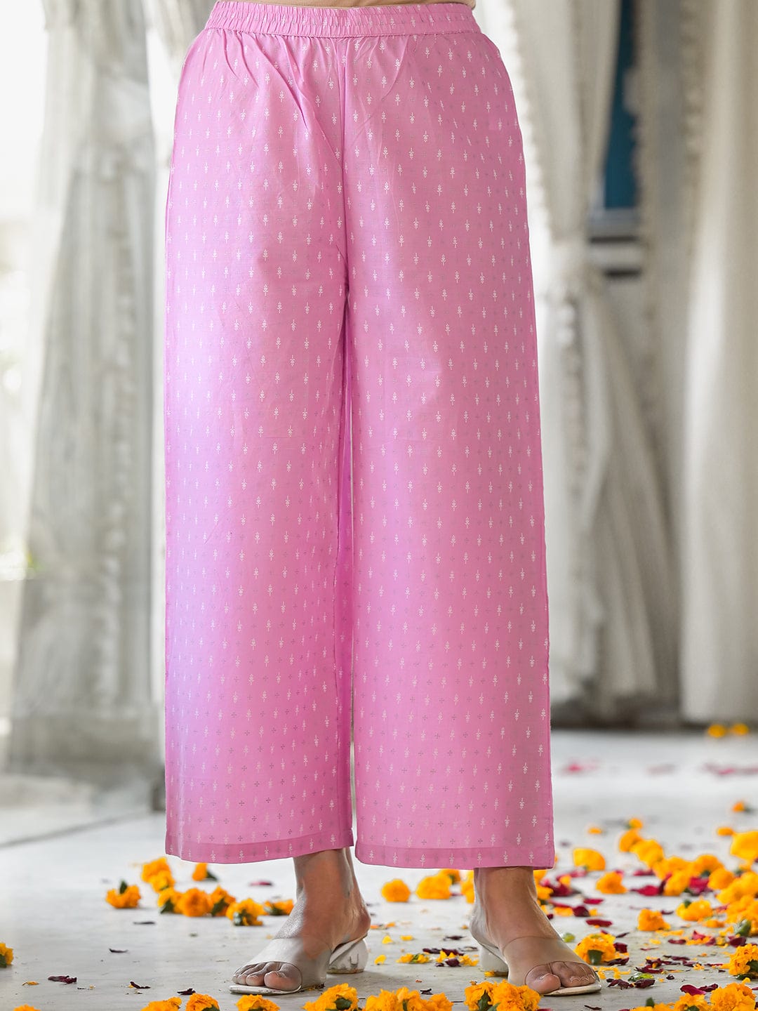 Varanga Women Lavender And White Floral Printed Anarkali Kurta Paired With Tonal Bottom