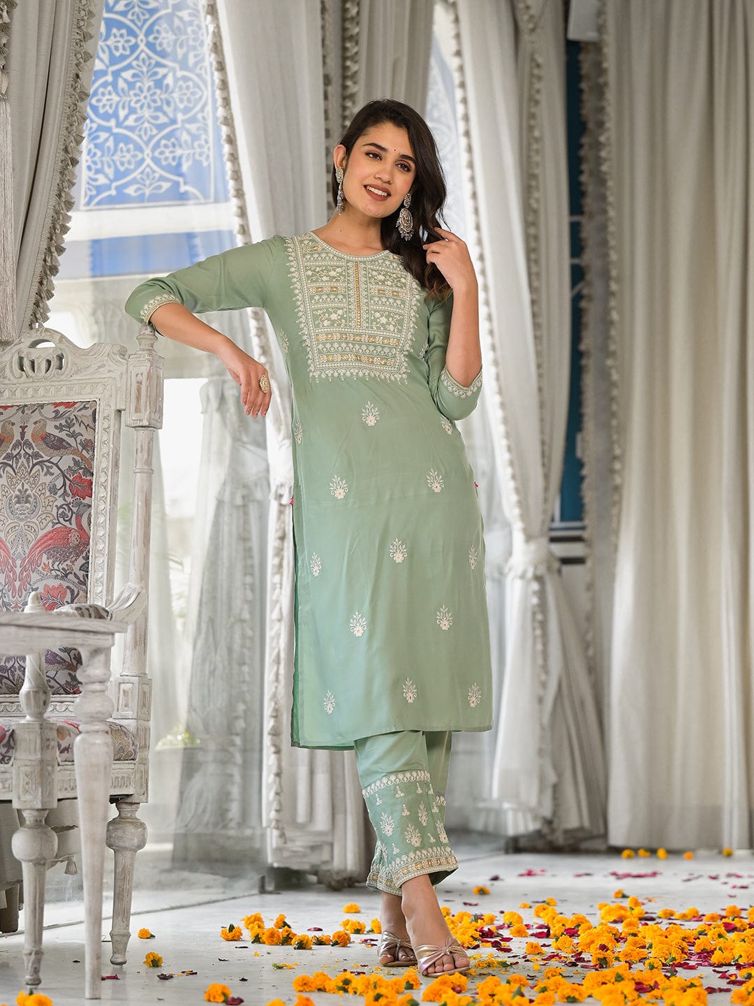 Varanga Women Sea Green Embroidered Kurta Paired With Tonal Trouser And Dupatta