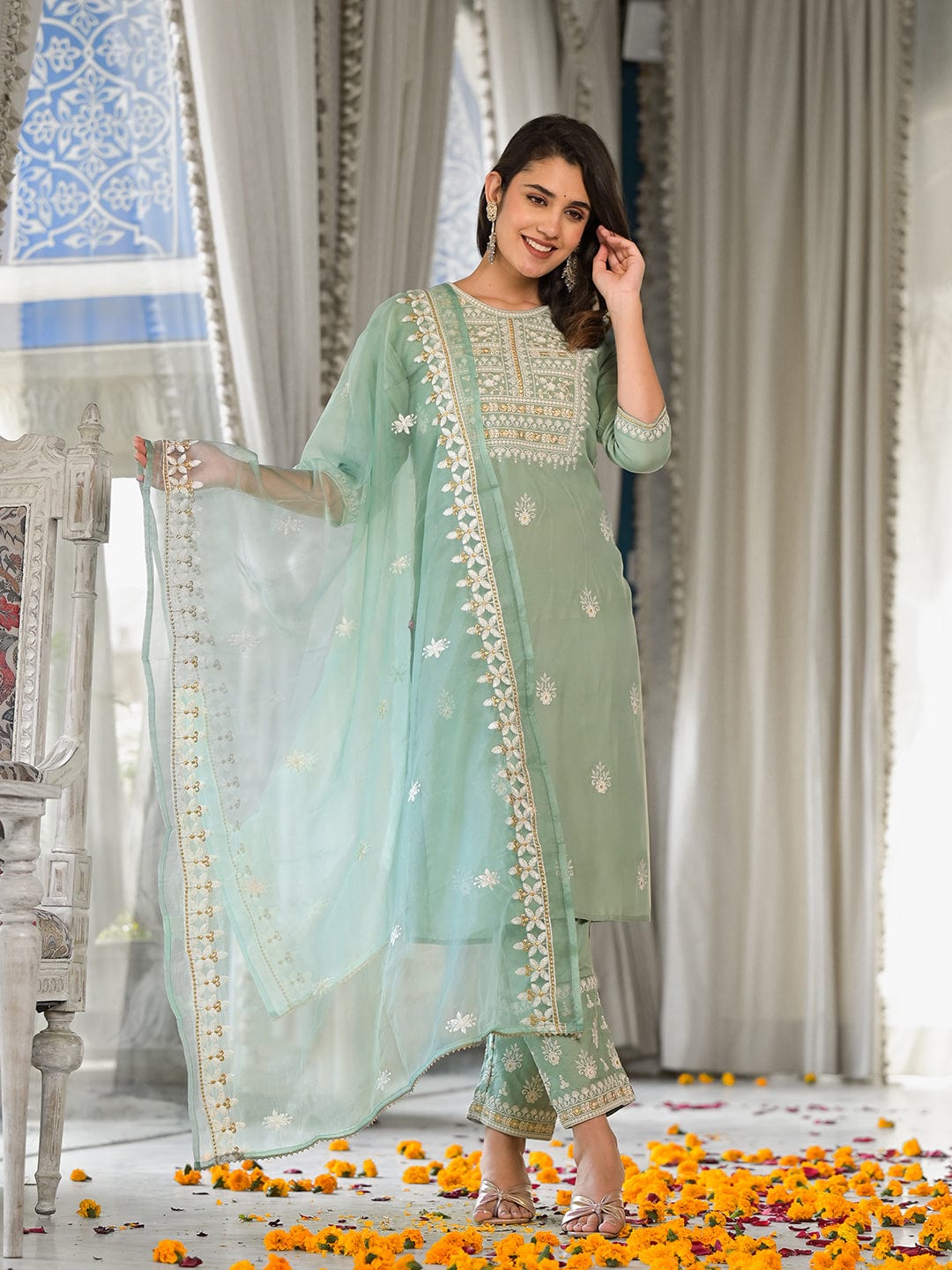 Varanga Women Sea Green Embroidered Kurta Paired With Tonal Trouser And Dupatta