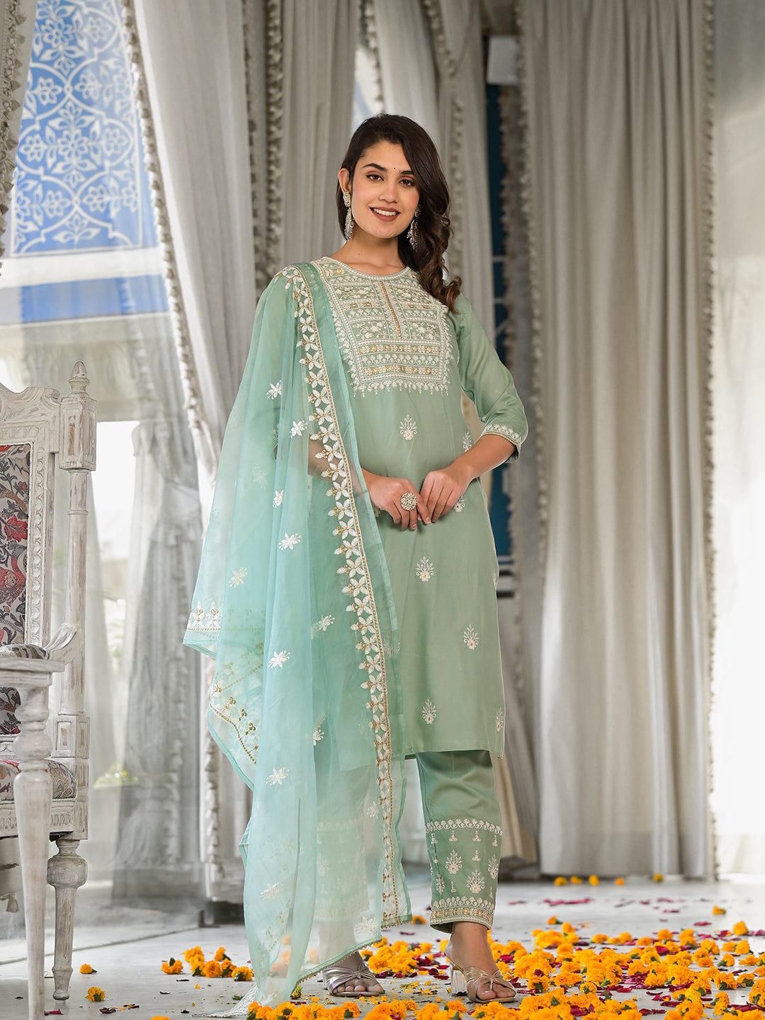 Varanga Women Sea Green Embroidered Kurta Paired With Tonal Trouser And Dupatta