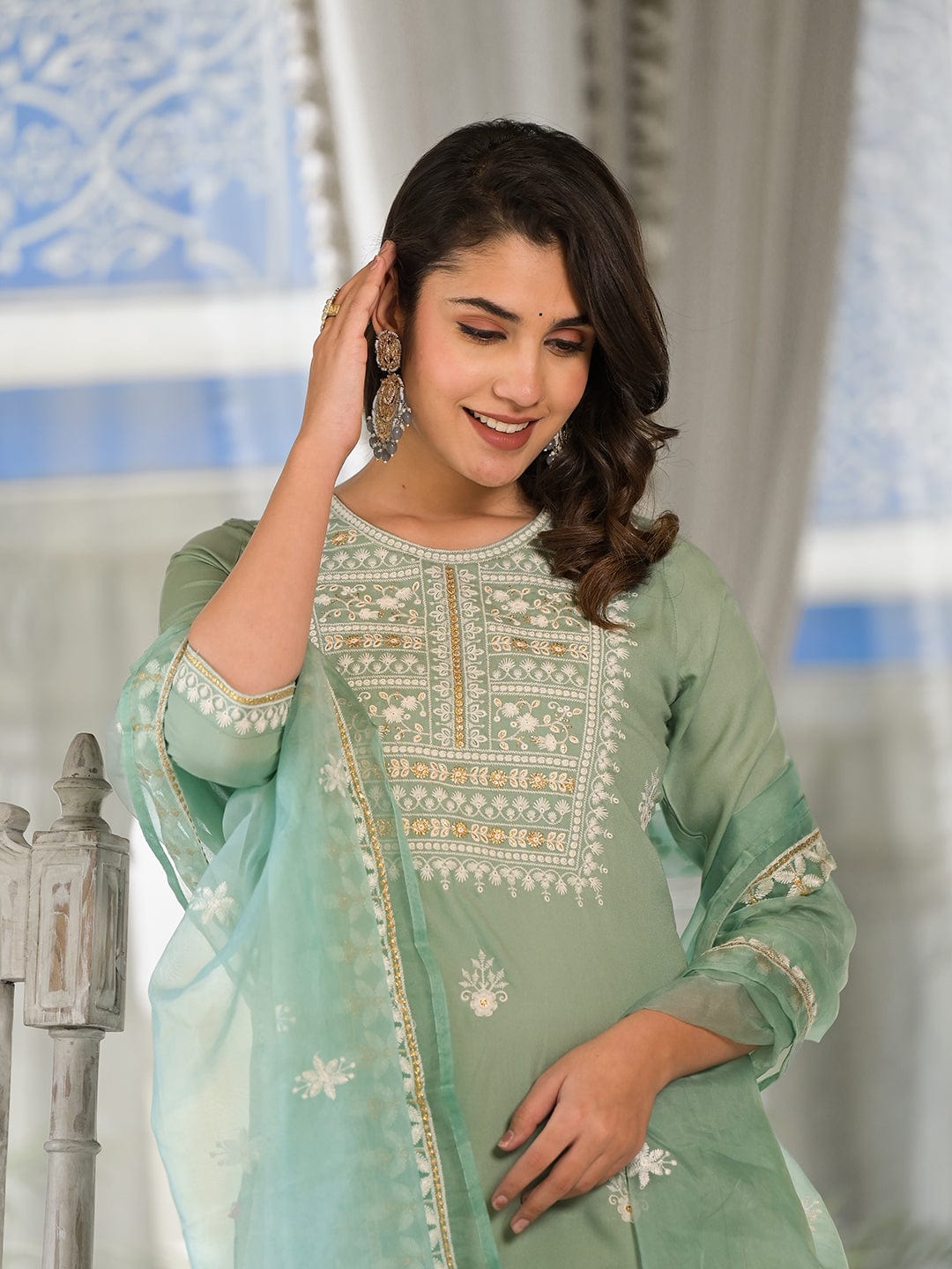 Varanga Women Sea Green Embroidered Kurta Paired With Tonal Trouser And Dupatta