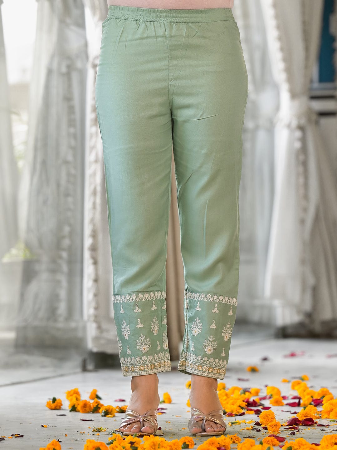 Varanga Women Sea Green Embroidered Kurta Paired With Tonal Trouser And Dupatta