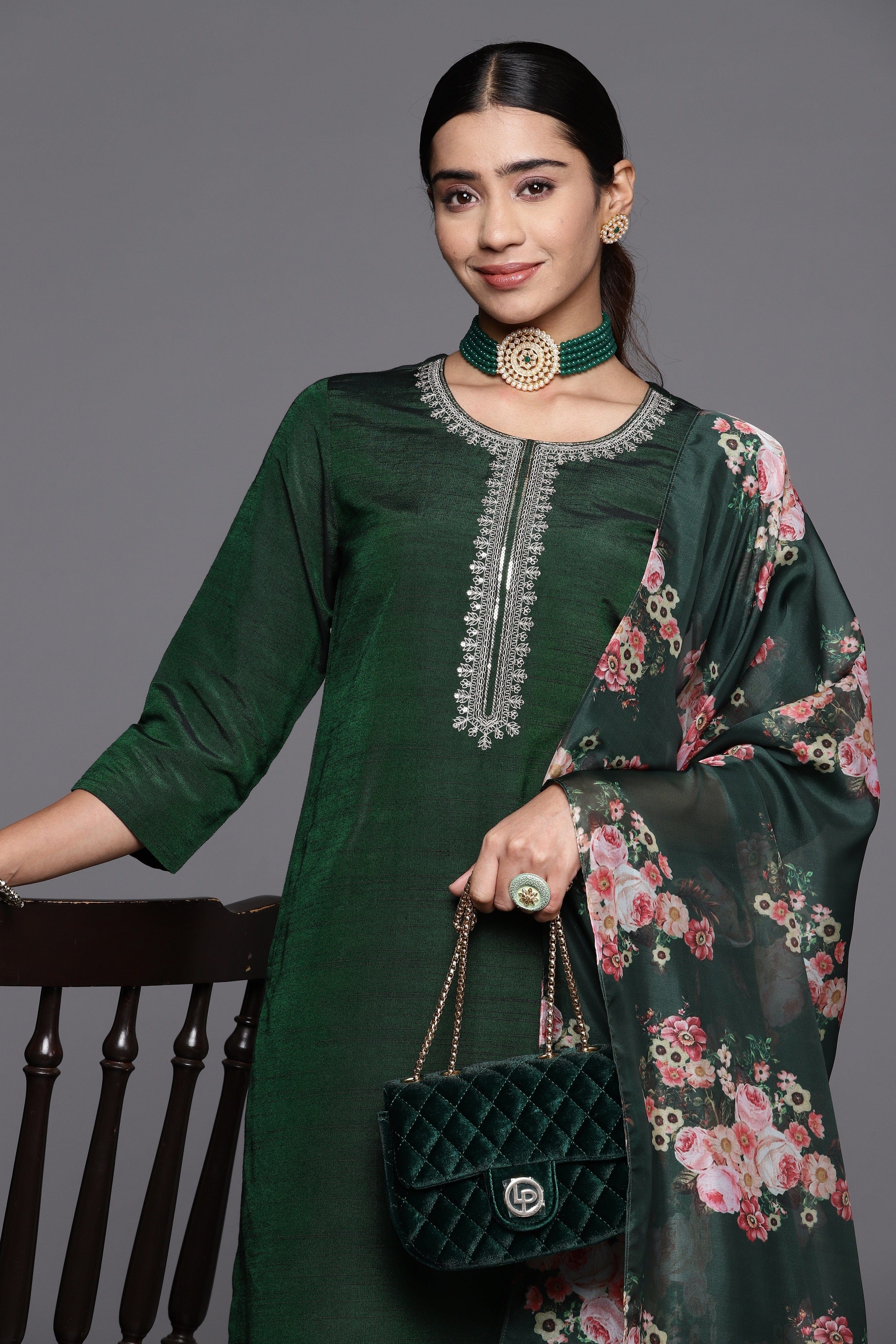 Varanga Women Green Embroidered Kurta With Straight Trouser And Floral Printed Dupatta