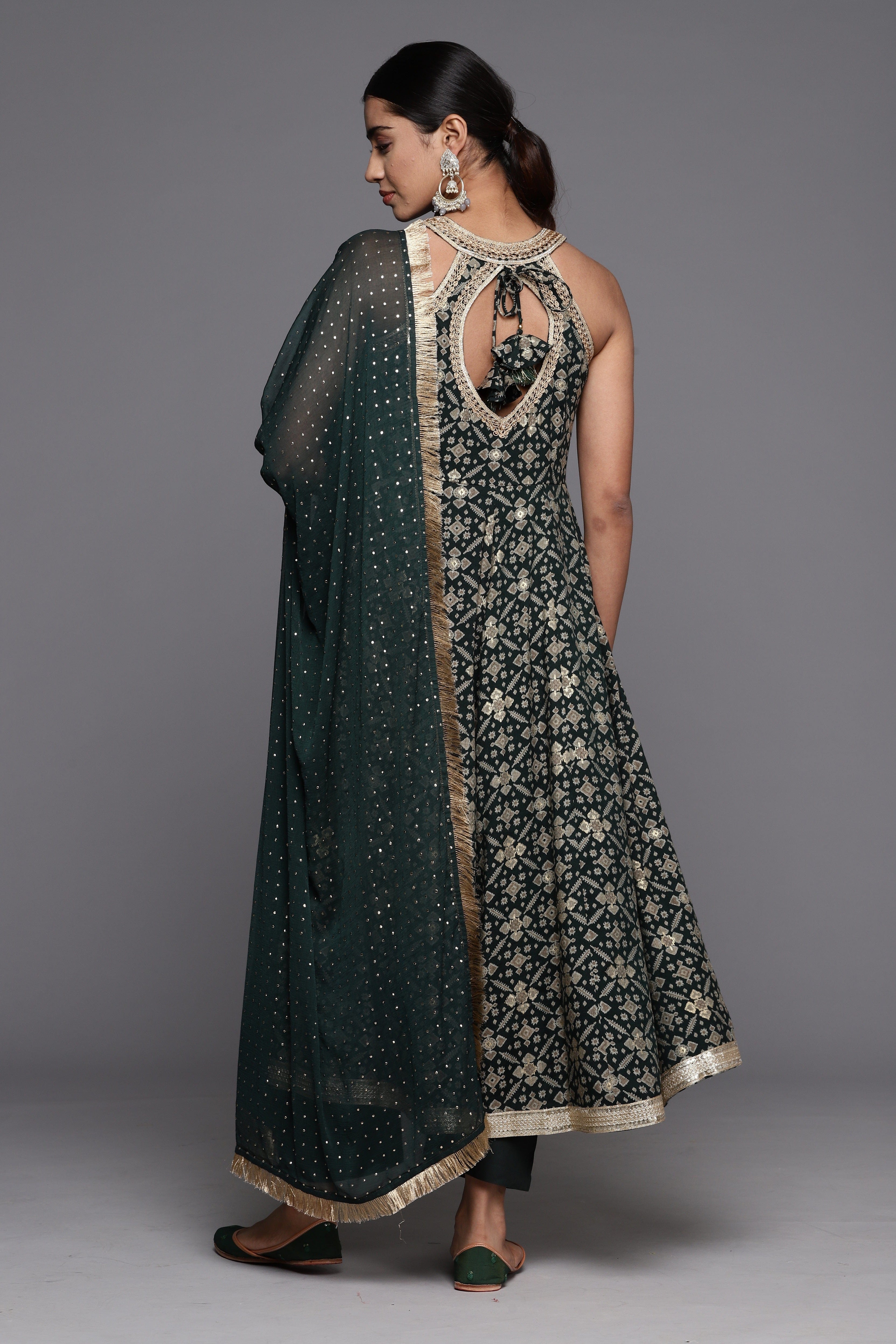 Varanga Women Green Patola Printed Anarkali Kurta With Bottom And Dupatta