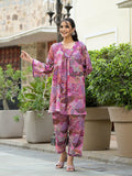 Varanga Women Purple Abstract Printed V-Neck A-Line Kurta Paired With Tonal Bottom
